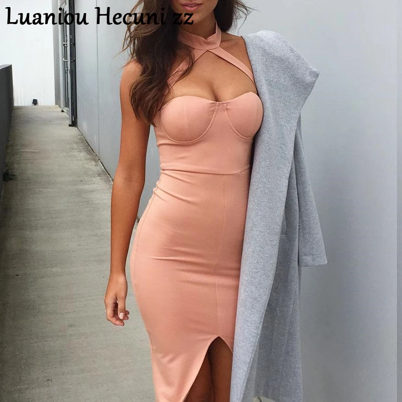 

Chu Ni Sexy split women bandage dress Elegant halter neck pink summer dress High waist bodycon evening party club Vestidos L181