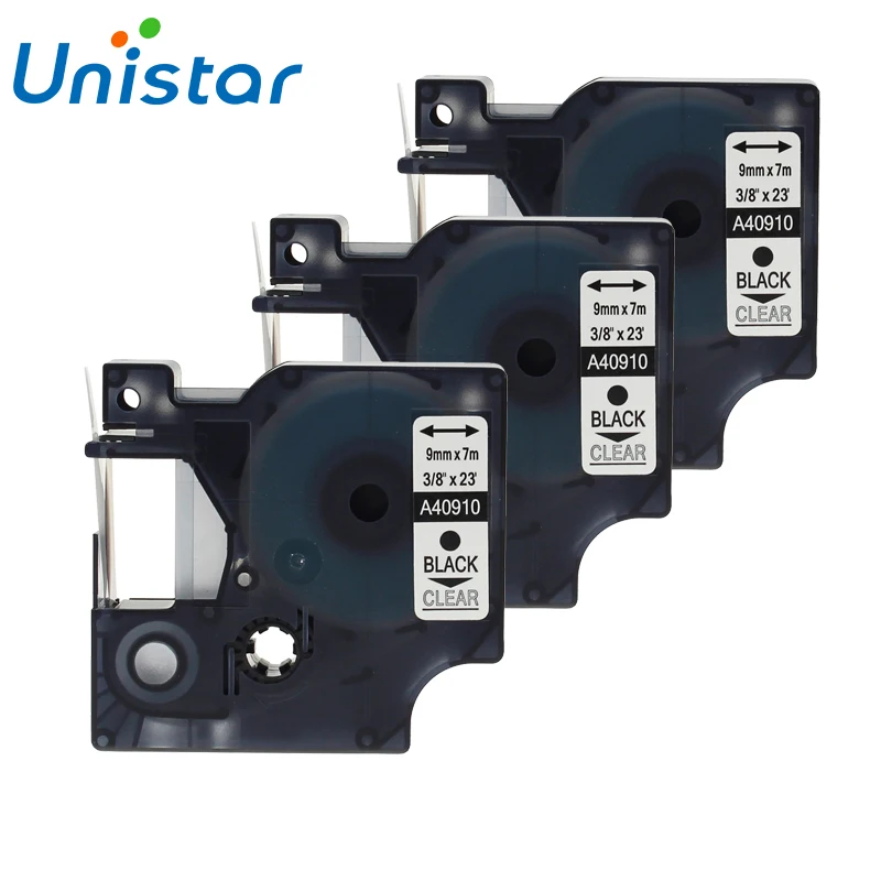 

Unistar 3pcs/pack 40910 Compatible For Dymo D1 Label Manager 9mm 40910 Black on CLear Label Tape for DYMO Printer Label Maker