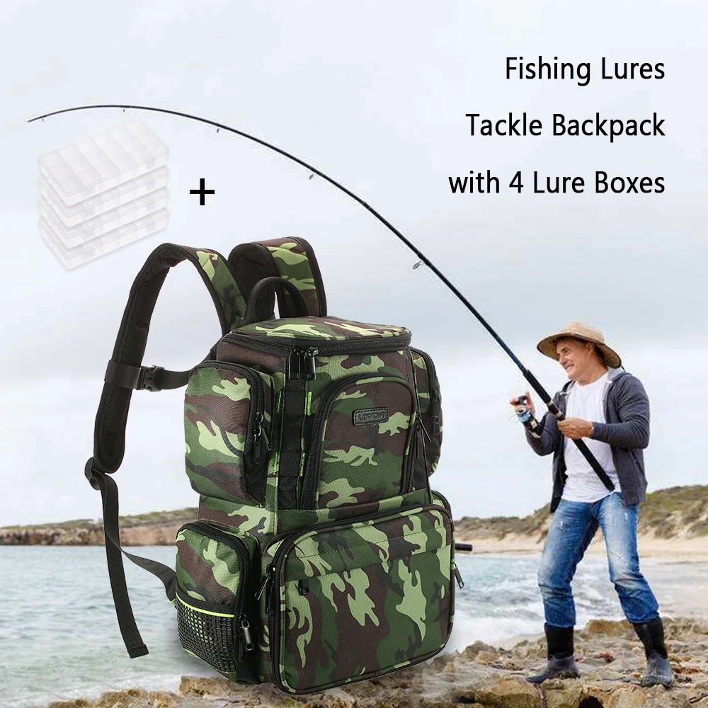 

Lixada Fishing Tackle Bag Backpack Fishing Lures Bait Box Storage Bag with 4 Fishing Tackle Boxes