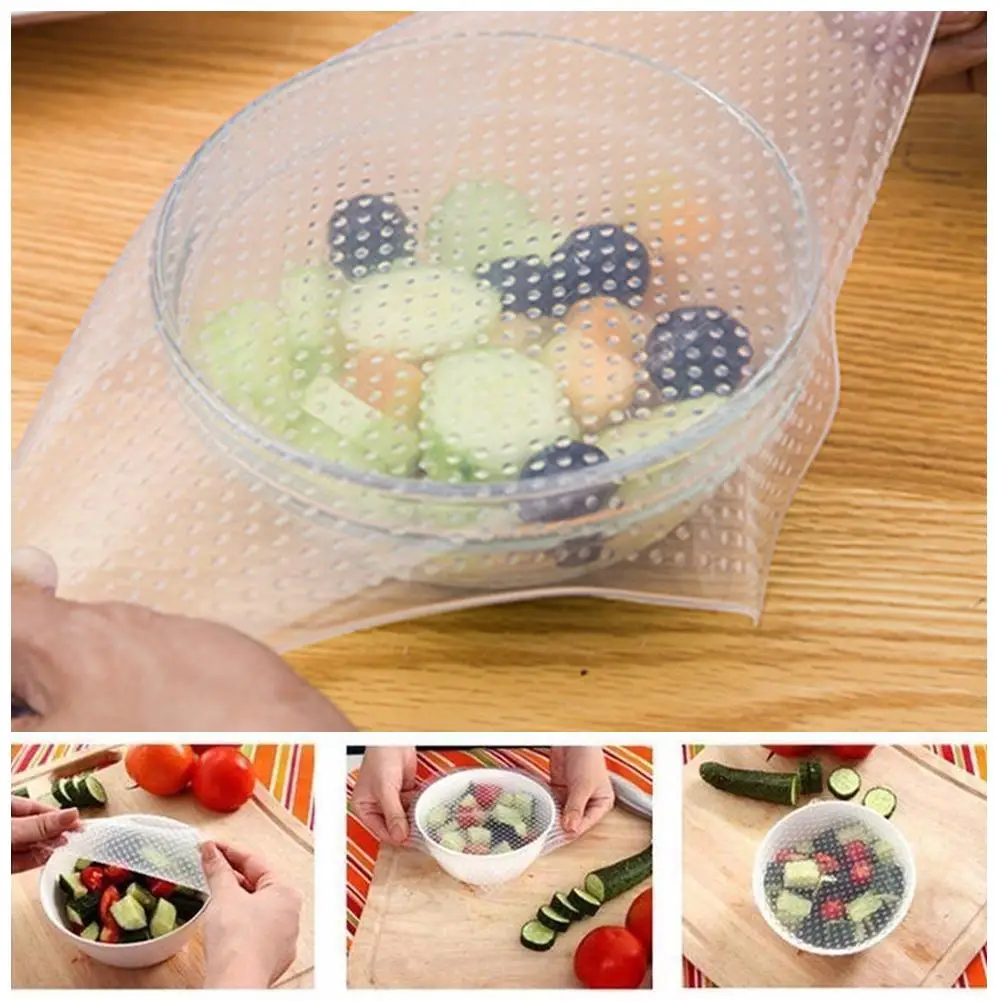 

4pcs Reusable Silicone Caps Food Fresh Keeping Stretch Wrap Seal Film Bowl Cover Home Storage Organization Kitchen Tools 3 Sizes