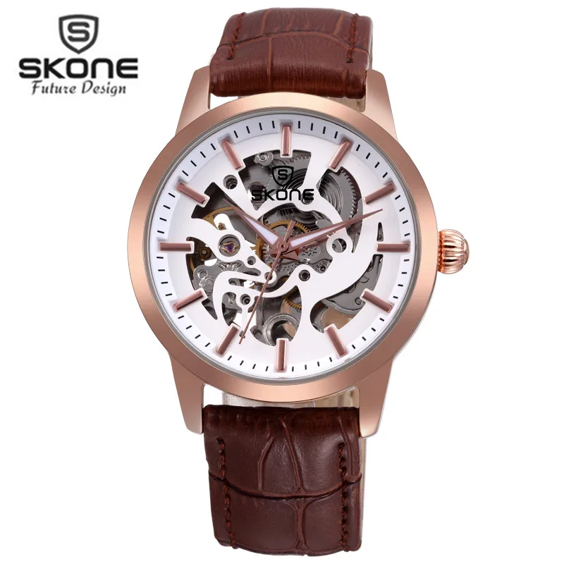 

SKONE Luminous Pointer Automatic Mechanical Wrist Watches Men Brand Luxury Gold Case Leather Strap Skeleton relogios masculino