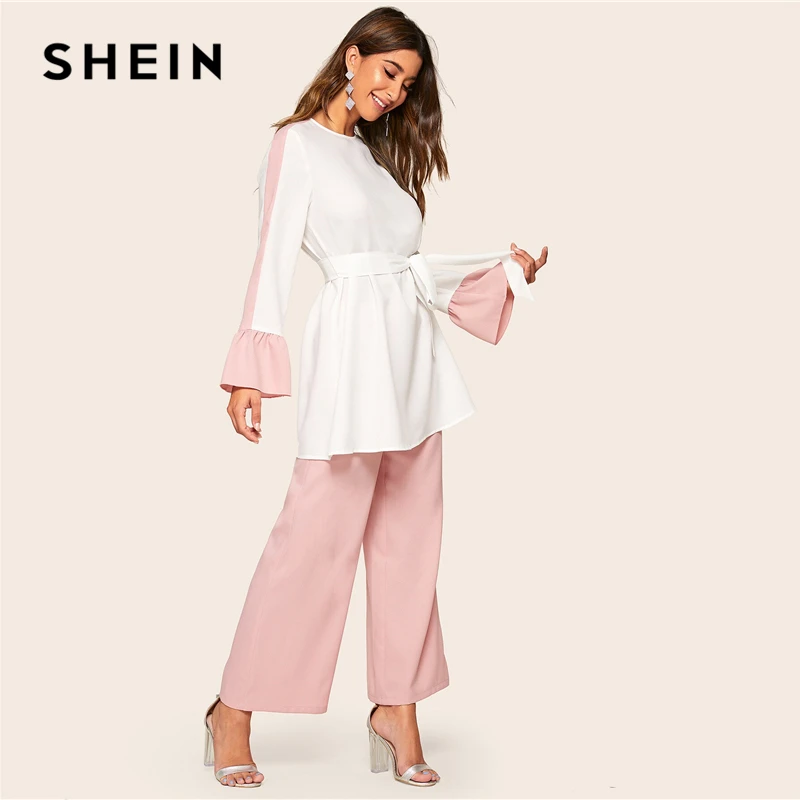 SHEIN abaya, элегантный Двухцветный Топ с поясом и широкие штаны, Женский комплект 2 шт., весна-осень, Длинная блузка, комплект из двух предметов