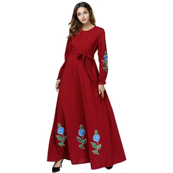 

187383 Muslim Long Skirt Loose Embroidered Long Sleeve Dresses Euramerica Kaftan Dubai Hijab Dress Bohemian Mexican Abaya