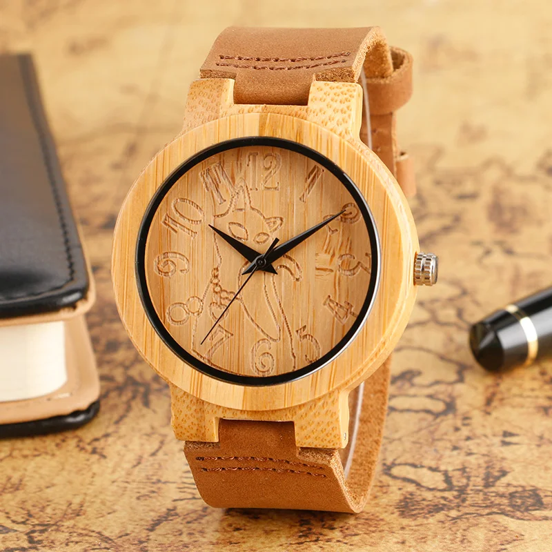

Men Watches Creative Engraved Cat Wooden Face Minimalism Analog Bamboo Quartz Wrist Watch Brown Genuine Leather Clock 2018 Gifts