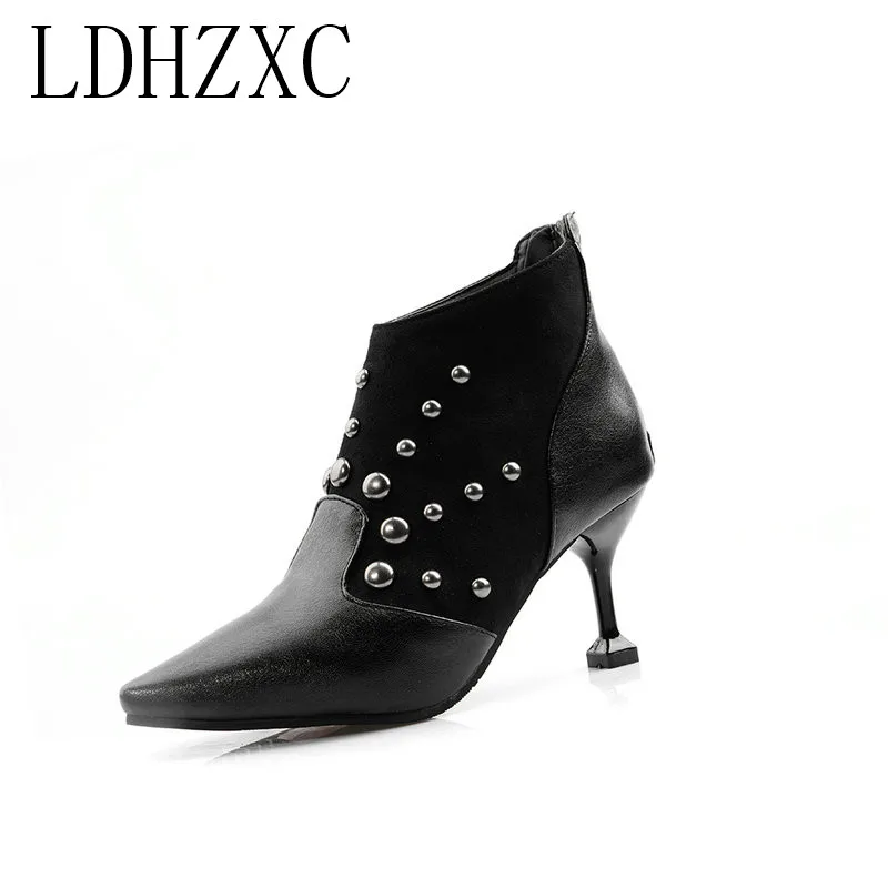 

LDHZXC Fashion Ankle Boot Zipper High Heels Short Boots Round Toe Spring Boots Shoes Spring Woman Boots Szie 34-48