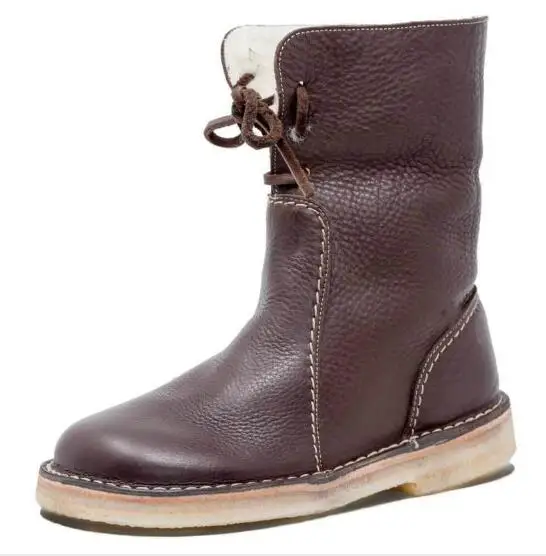 Женские ботинки; замшевые туфли на плоской подошве с круглым носком и пряжкой на ремешке; теплые короткие труба зимние ботинки - Цвет: Brown