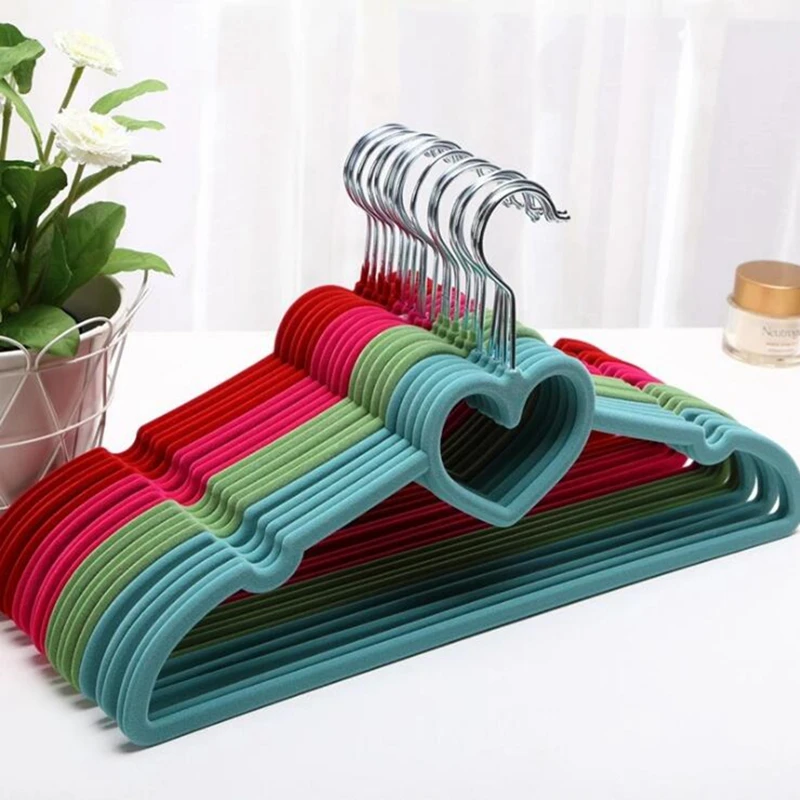 10pcs Luxury Velvet Clothes Hangers Loving Heart Colorful Multifunction