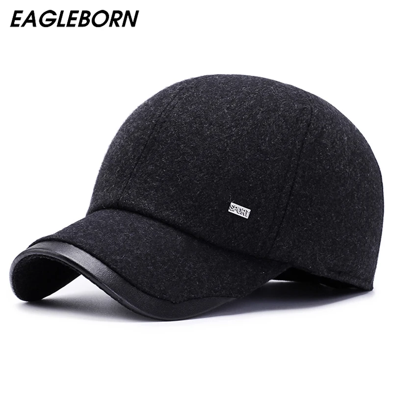 

EAGLEBORN 2019 New Winter Snapback Baseball Cap Dad Hat Caps Leisure Felt Wool Cap Ear Adjustable Warm Black Baseball Dad Cap