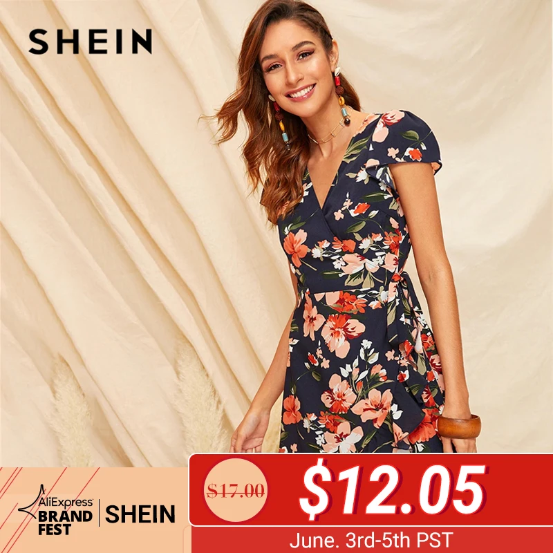 

SHEIN Boho Multicolor Floral Print Ruffle Hem Self Tie Wrap Summer Dress Women High Waist Fit and Flare A Line Elegant Dresses