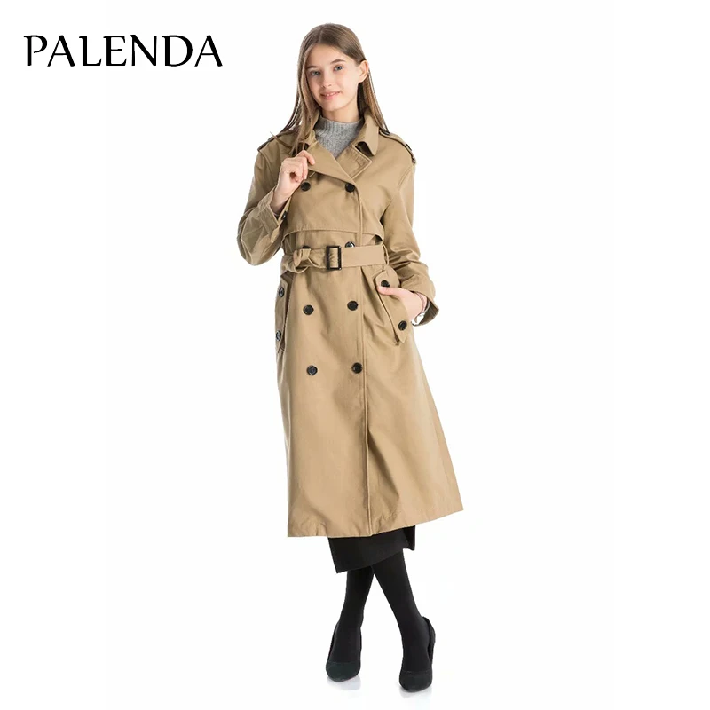 

PALENDA 2018 new women wind coat long Lapel long sleeved solid color belt double-breasted windbreaker jacket cotton material
