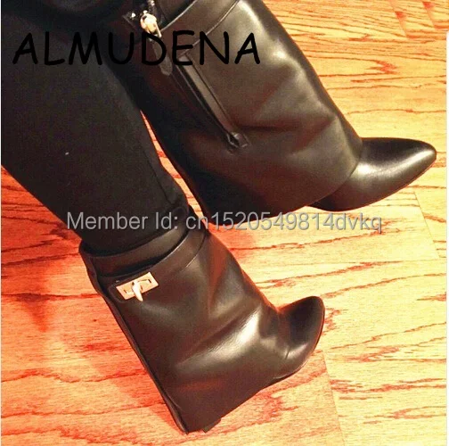 Botte Femme Autumn Stylish Fold Over Booties Womens Height Increasing Lock Leather Pants Mid Calf Black Wedge Boots Shoes Woman