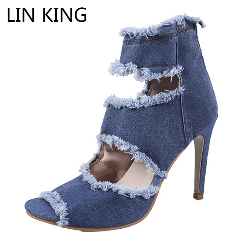 

LIN KING Fashion Denim High Heel Women Sandals Zipper Thin Heel Summer Shoes Sexy Open Toe Summer Party Shoes Female Sandalias