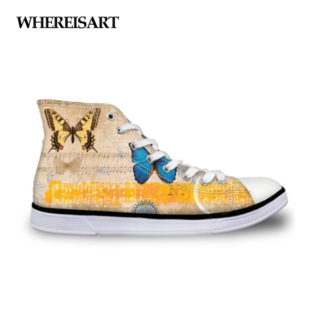 

WHEREISART NEW 2019 Cute Buttferfly Prints Women High Top Vulcanize Shoes Music Score Brand Designer Female Lace-up Canvas Shoe