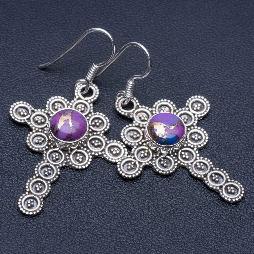 

Natural Turquoise Unique Punk Style 925 Sterling Silver Earrings 2" P1849