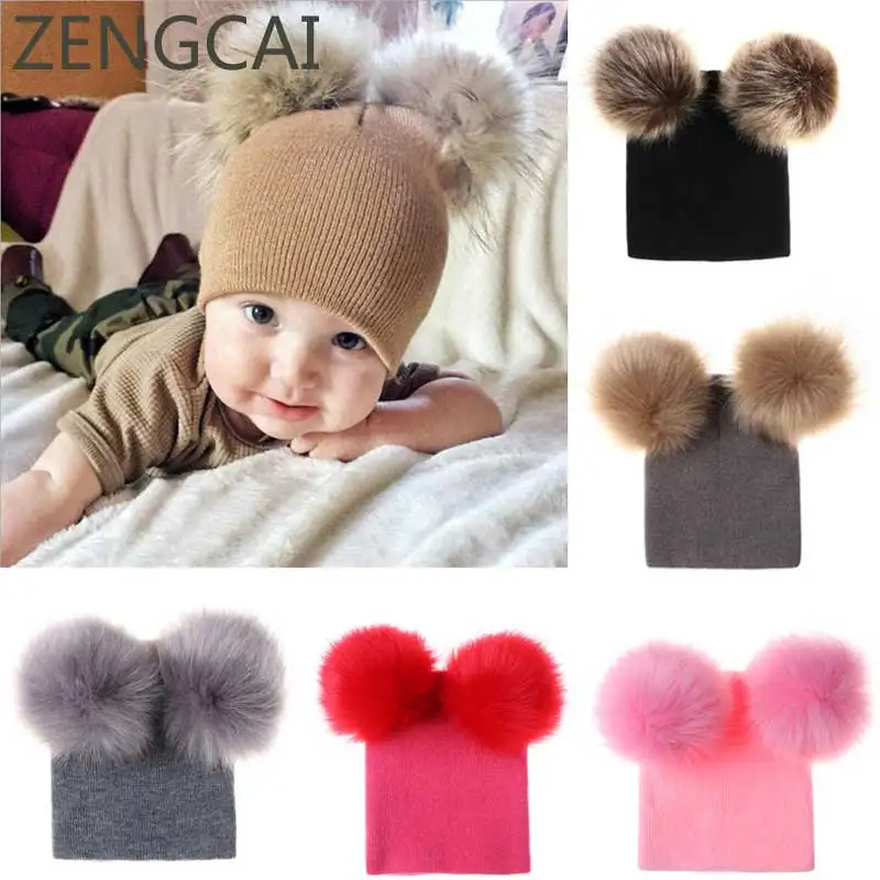 raccoon fur pom pom hat baby