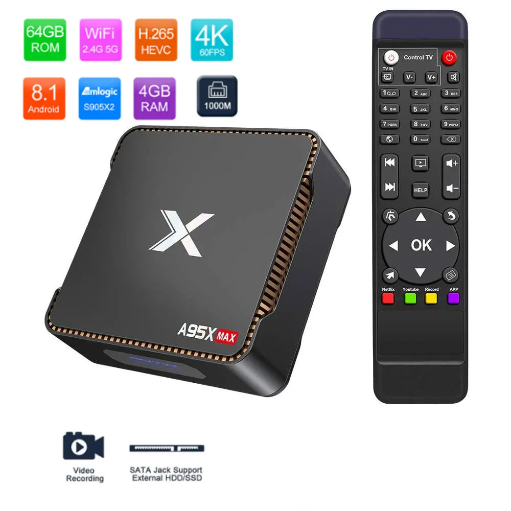 

A95X MAX Android 8.1Tv Box Amlogic S905 X2 4GB 64GB Quad Core Wifi BT4.2 1000M Smart TV Box Support Video Recording Set Top Box