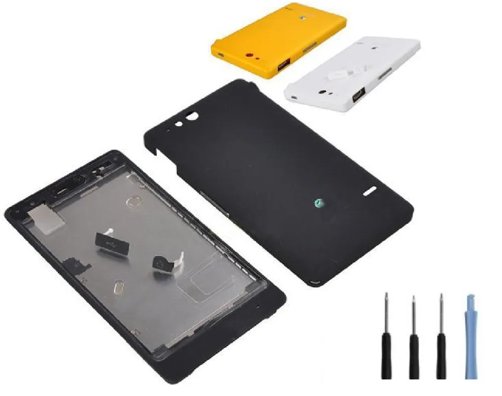 

For Sony Xperia Go ST27i ST27 Housing Front LCD Bezel Plate Frame Chassis + Battery Cover Case + Dust Plug Port Cover + Sticker