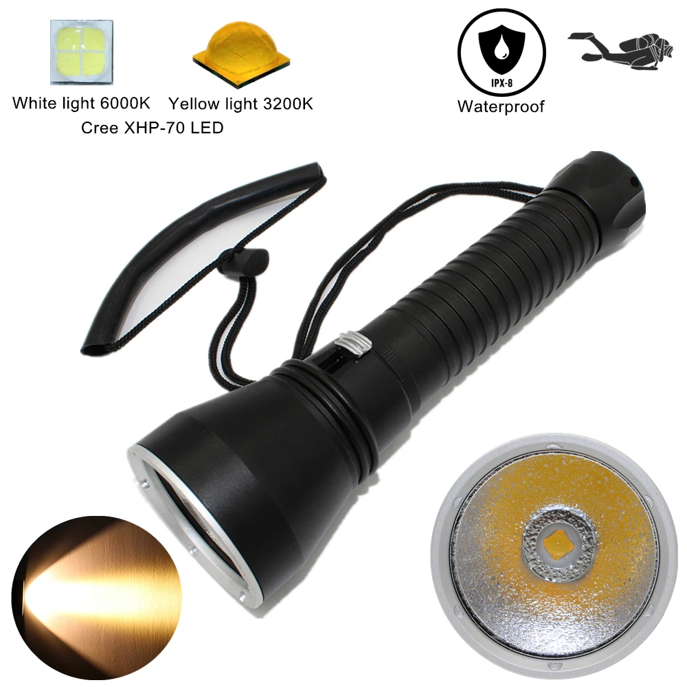 Waterproof flashlight dive light XHP70 LED white/yellow light diving flashlight underwater