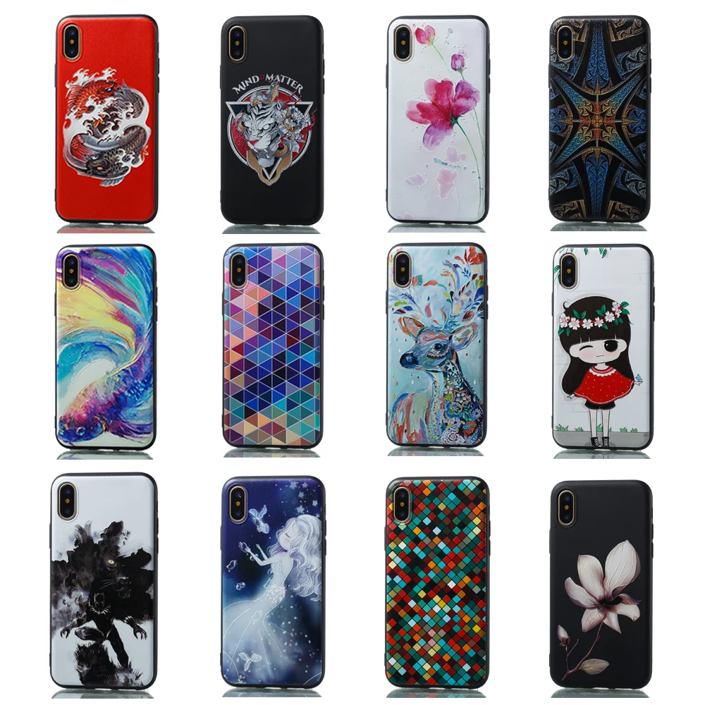 

LISM Floral Beauty Girl Deer Fish Grid Painting Soft TPU Emboss Phone Case Cover Protector For iPhone 6 6S 7 8 Plus X XR XS Max