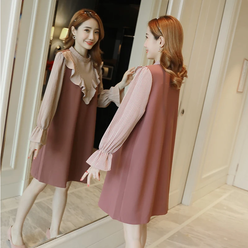 

Goaryunve 2019 Spring Autumn Long Horn Sleeve Plus Size Pregnant Women Dress Striped Patchwork Ruffles Maternity Mini Dress Nice