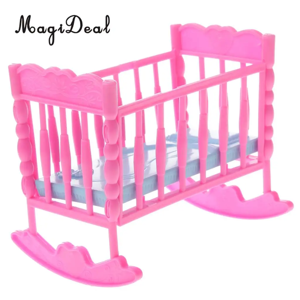 MagiDeal Lovely 1Pc Pink Baby Rocking Bed Bedroom Furniture Home Acce for Barbiedolls Doll House Dec Children Pretend Game Toy