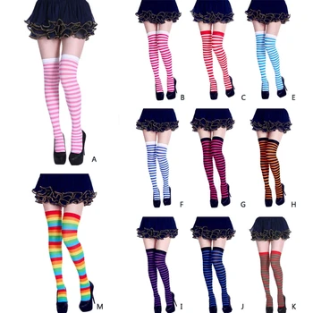 

Fashion New 1 Pair Women's Long Striped Socks Girls Female Casual Contrast Color Thigh High Cosplay Halloween