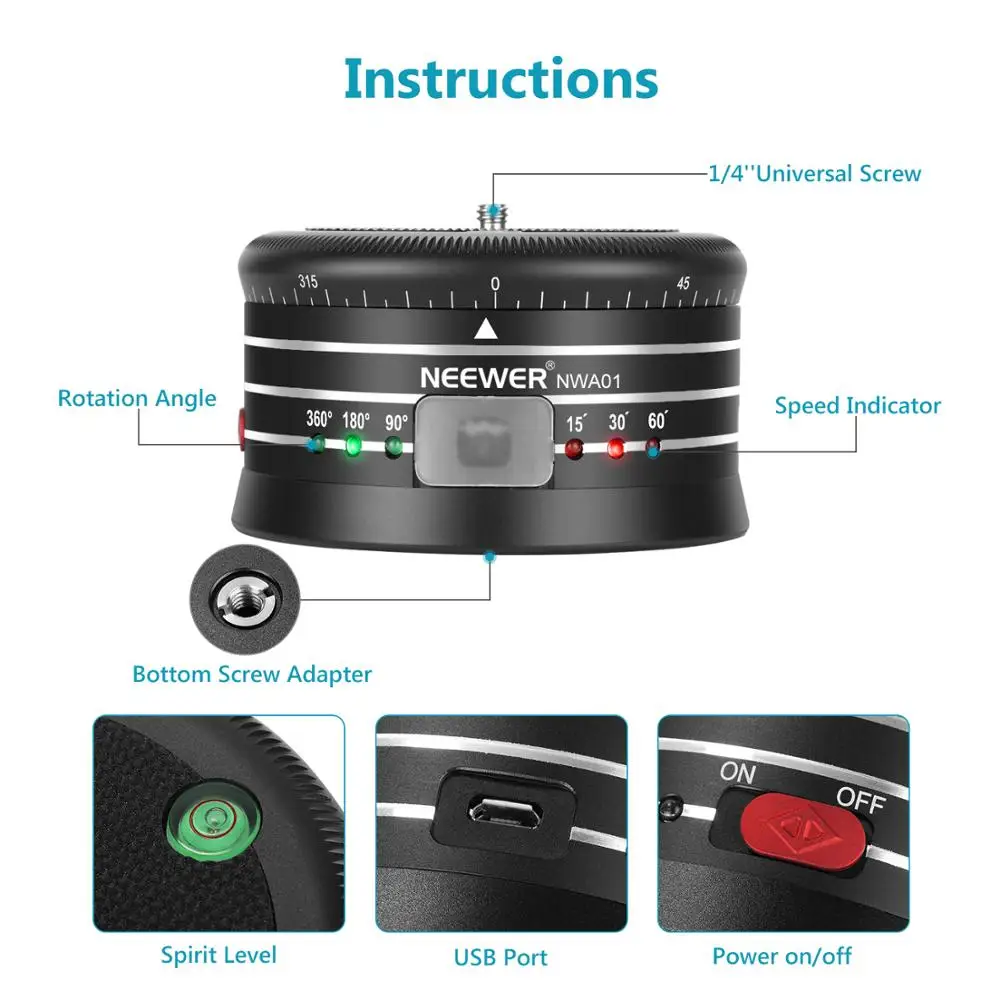 Электрическая панорамная головка штатива Neewer для съемки во времени с переменной скоростью и направление, Встроенная перезаряжаемая батарея