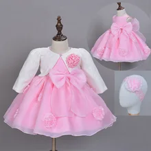 3Pcs Set Child Lady Baptism Costume Pageant Princess Wedding ceremony Christening Clothes Children Frocks Robe With Head Band Jacket Scarf