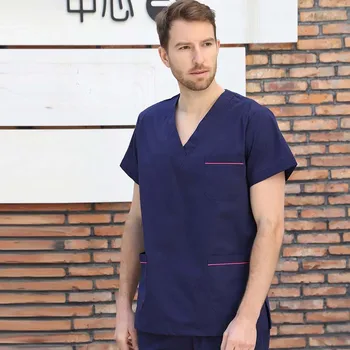 

Men's Medical Uniforms Pure Cotton V Neck Scrubs Top Doctor Color Blocking Shirt Workwear( Just A Top)