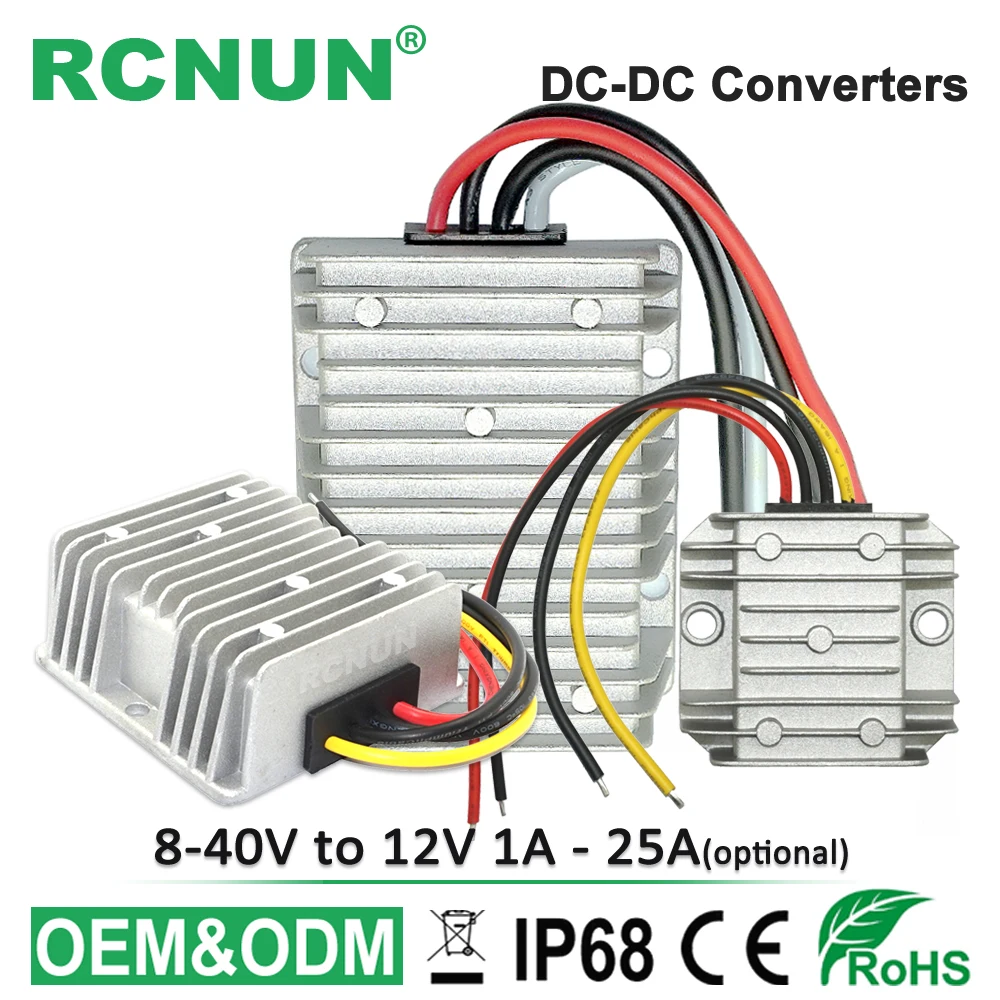 

RCNUN DC 8-40V to DC 12V 13.8V 1A 3A 6A 10A 15A 20A 25A Boost Buck Converter Voltage Stabilizer Regulator CE RoHS for Cars Solar