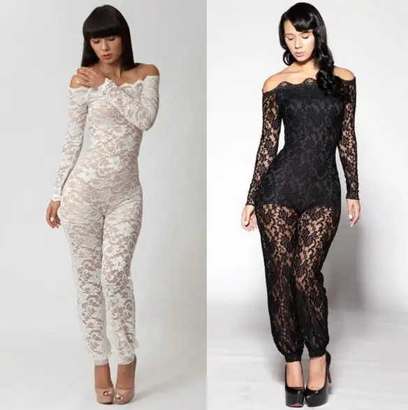 New 2014 Women Winter White Lace Jumpsuits Long Sleeve Bodycon Overall Rompers Sexy Clubwear