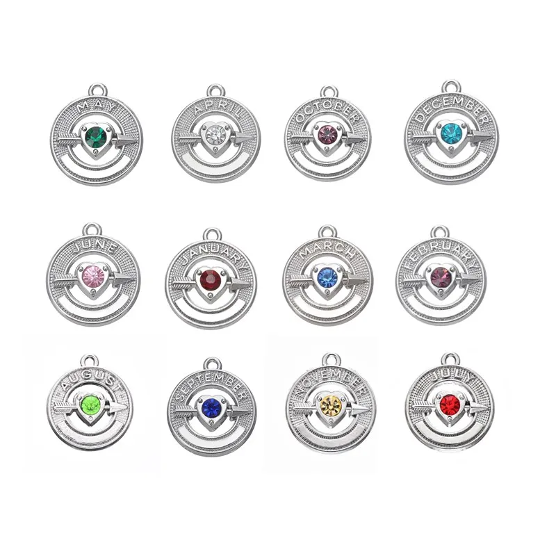 

my shape 24pcs Birthstone Rhinestone Charms Heart Arrow With Heart Floating March May April August Jewelry 12 Months Wholesale