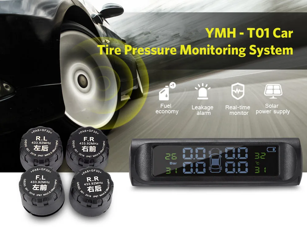 Система контроля давления в шинах на солнечных батареях автомобильных шин давление сигнализации мониторы системы с 4 внешних сенсор цифровой ЖК дисплей Авто охранной сигнализаци