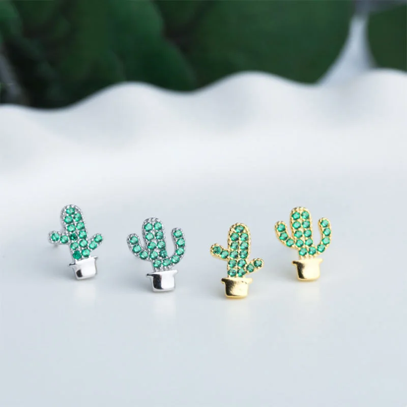

925 Sterling Silver Green Zirconia Cactus Sweet Stud Earrings For Women Girls Kids Jewelry Minimalist Ear Studs Pendientes Gifts