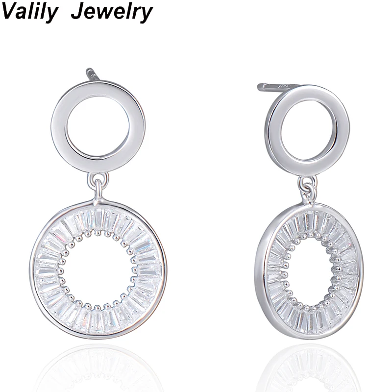 

Valily Women Dangle Earrings 925 Silver Sterling Round Asymmetry Earrings Simple Geometric Hoop Earring for Female Pave Zircons