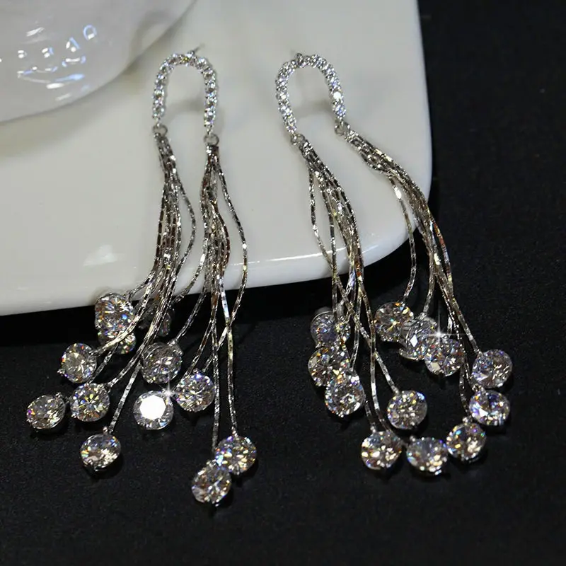 

Luxury Female Crystal Long Dangle Earrings Boho Silver White Zircon Stone Earrings High Quality Tassel Drop Earrings For Women