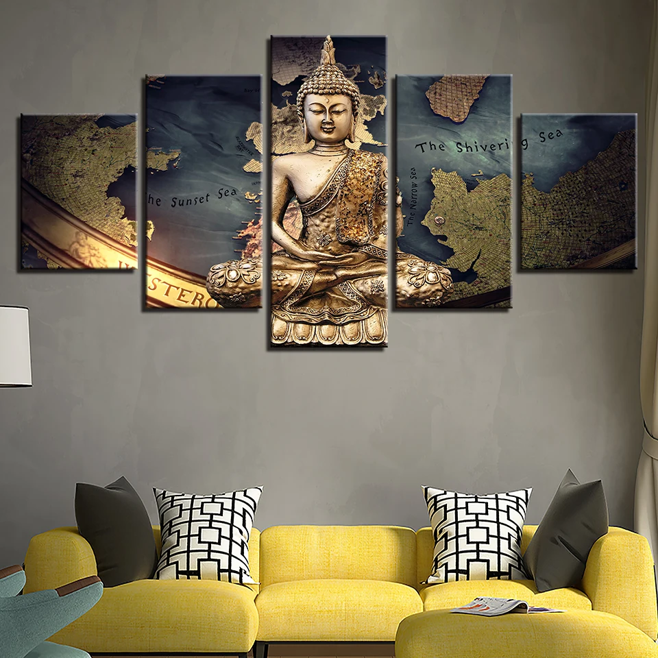

Canvas Pictures Home Decoration 5 Pieces Golden Buddha Painting Living Room Wall Art Prints Modular Game Map Poster Artworks