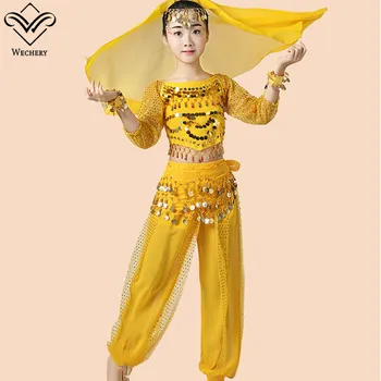 

Wechery Bellydance for Girls Carnival Performance Costume for Belly Dancing Wear Long Pants Long Sleeve Tops Sari Belts Bracelet