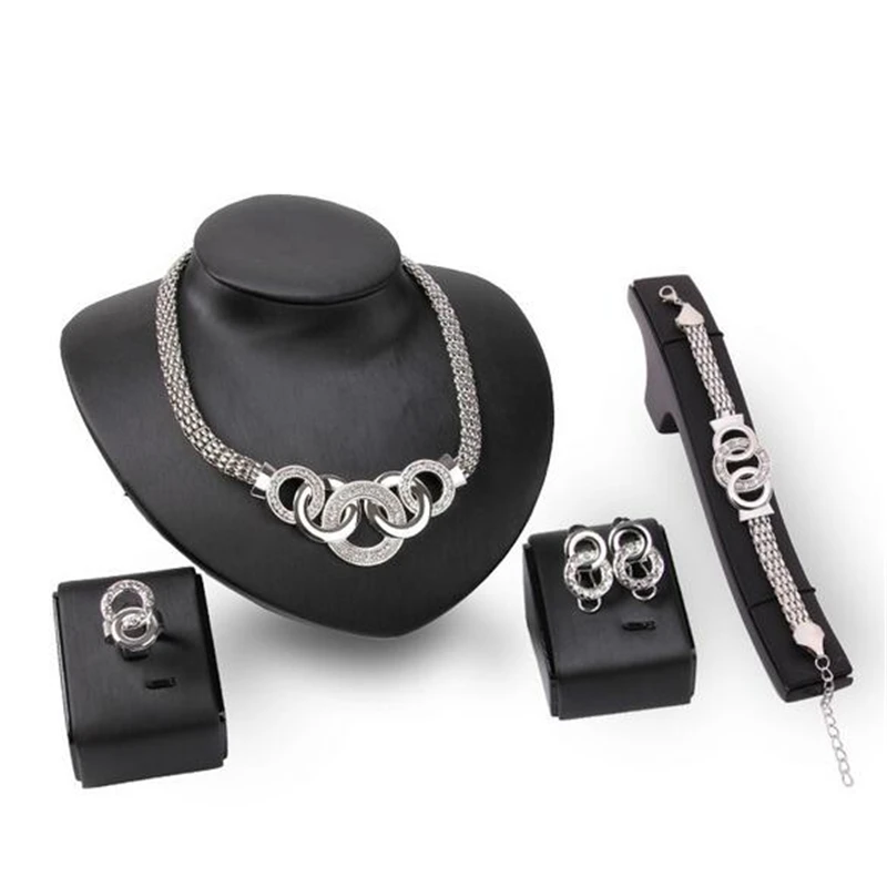 Хит, женские африканские бусы, ювелирные наборы из кубического циркония, кристалл, ожерелье, серьги, кольцо, браслет, ювелирный набор, серебряный цвет, массивные аксессуары