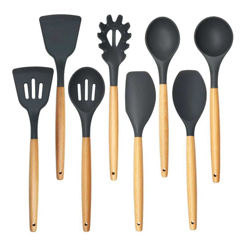 Silicone Cooking Utensils Set 8 Piece Cooking Tools Set Wood Handle Silicone Spatula Scraper Turner Soup Spoon Ladle Cookware