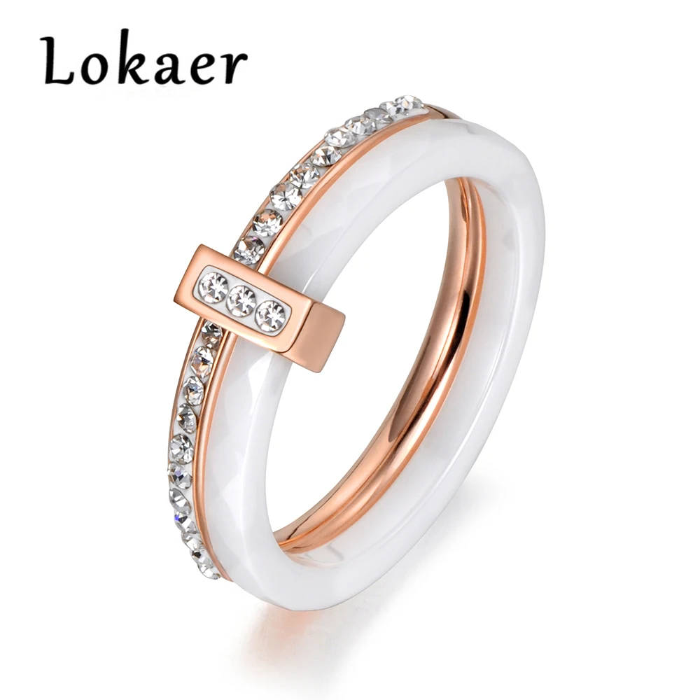 Lokaer 2 слоя черный/белый керамический Кристалл обручальные кольца ювелирные изделия розовое/белое золото цвет нержавеющая сталь Стразы для помолвки - Цвет основного камня: Rose Gold White