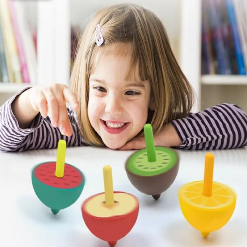 Baby Educational Toy 4 Pcs Cartoon colored Wooden Spinning Top Toy Wood
