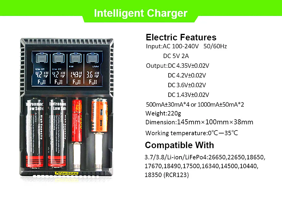 

Original 4 Slots Lcd Display Smart Battery Charger For Ifepo4 Nimh Nicd Aa/aaa Li-ion 18650/17670/18350/16340/14500/17500/22650