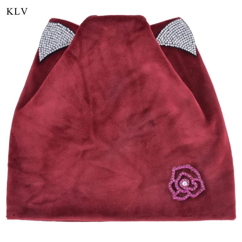 KLV New Womens Autumn Winter Flower Sweet Cat Ear Head Hat Velvet Warm Skullies Cap With Shiny Rhinestone Cute Sheathing Bonnet - Цвет: R