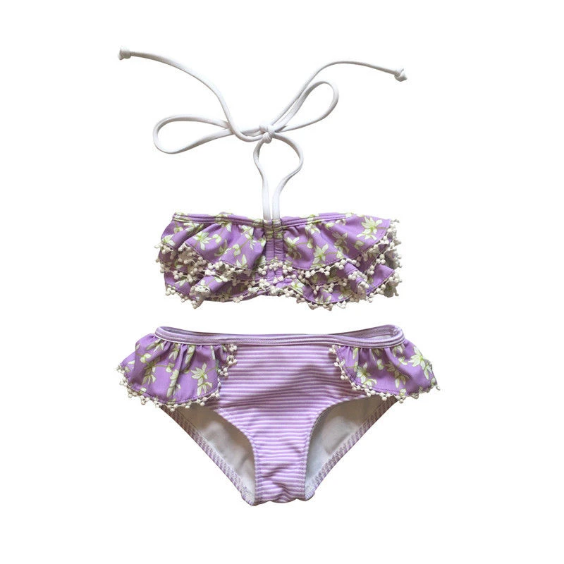 Летние фиолетовые купальники с цветочным принтом для маленьких девочек, детский купальник, комплект бикини, купальник, пляжная одежда, бикини, Раздельный купальник из двух предметов