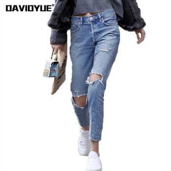 

Winter High waist jeans women mom boyfriend distressed ripped jeans for women denim pants street holes jeggings pencil trousers