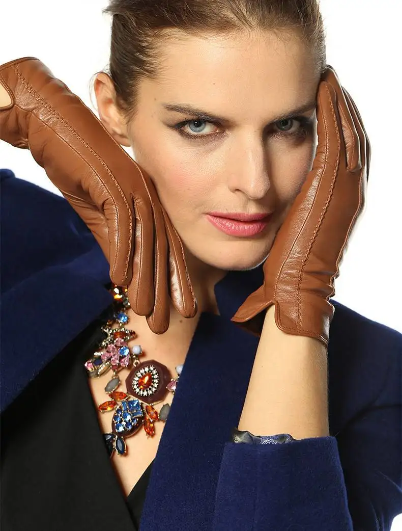 Новинка, женские перчатки из натуральной кожи, зимние перчатки, теплые, черные, коричневые, темно-коричневые, фиолетовые, темно-синие, винные - Цвет: Brown  XL