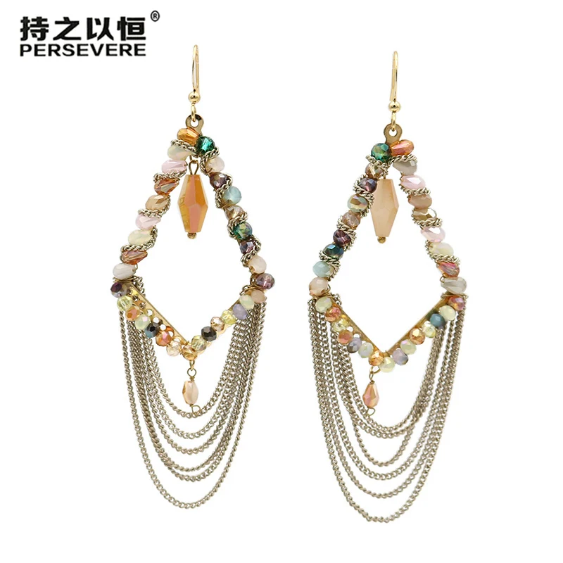 

Trendy Crystal Beaded Geometric Satement Earrings Metal Chain Multi-layer Tassel Earrings For Women Boho Long Earrings Jewelry