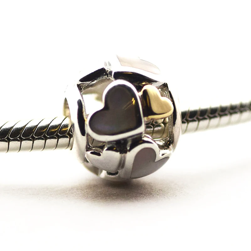 

Fit Pandora Bracelets DIY Beads 14K Real Gold & 925 Sterling Silver Mother Of Pearl Luminous Hearts Charm for Jewelry Making