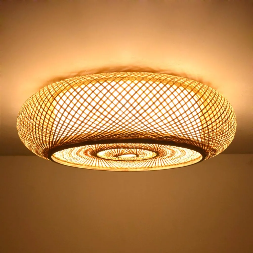  Hand-woven Bamboo Wicker Rattan Round Lantern Shade Ceiling Light Fixture Rustic Asian Japanese Pla - 32884623491